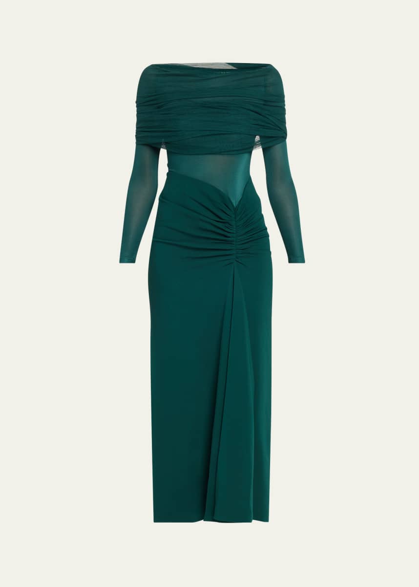 Christopher Esber Sonora Veiled Ruched Off-Shoulder Dress