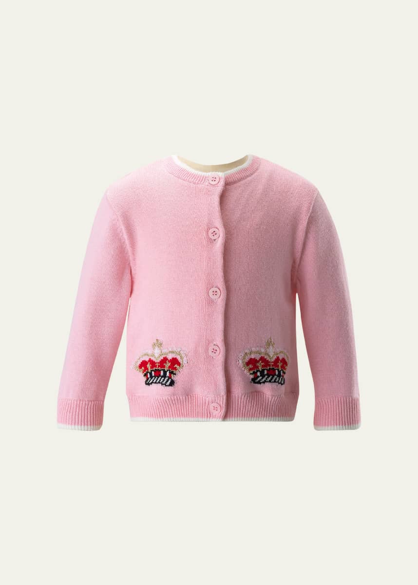 Rachel Riley Girl's Cardigan W/ Double Crown Intarsia, Size 6M-24M
