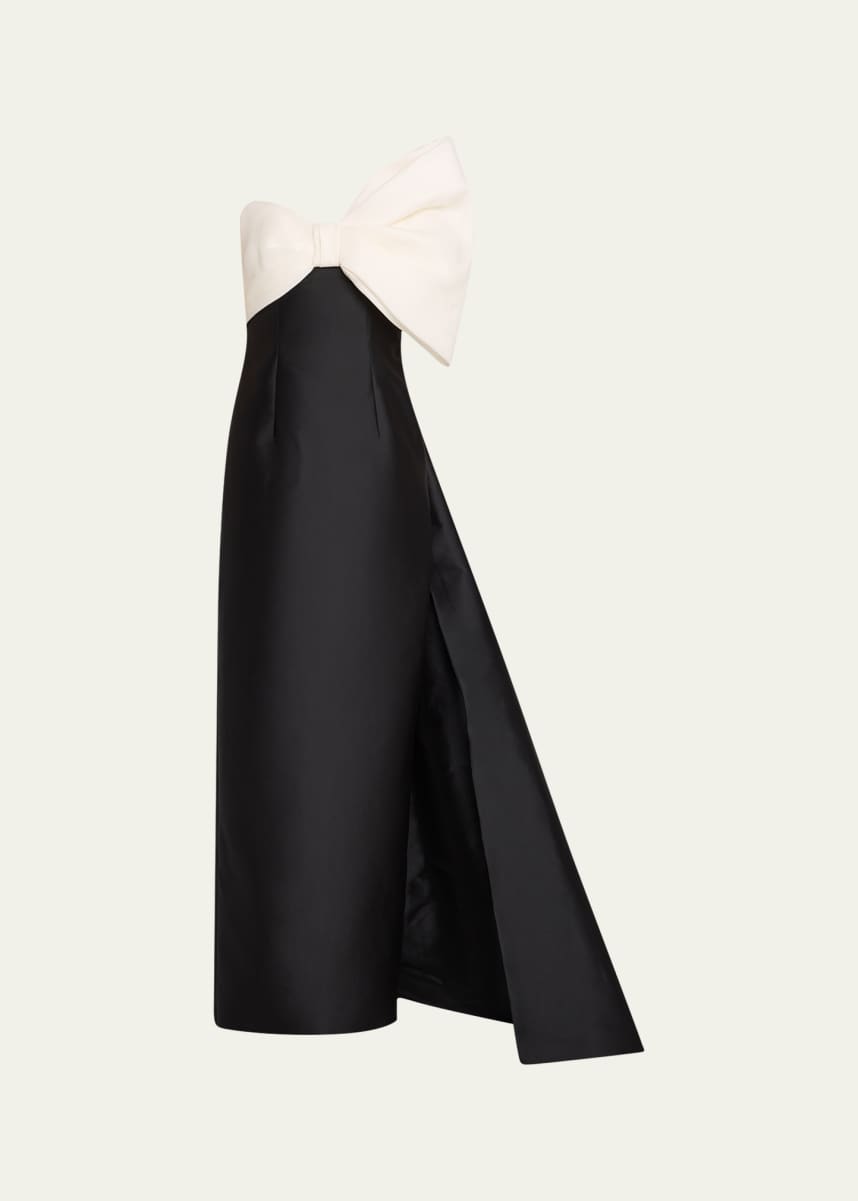 Monique Lhuillier Asymmetric Draped Strapless Bow Column Gown