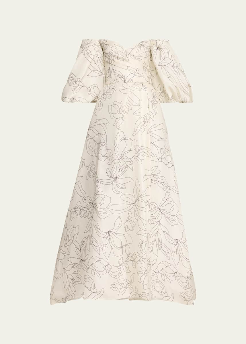 Monique Lhuillier Off-The-Shoulder Floral Blouson-Sleeve Ball Gown