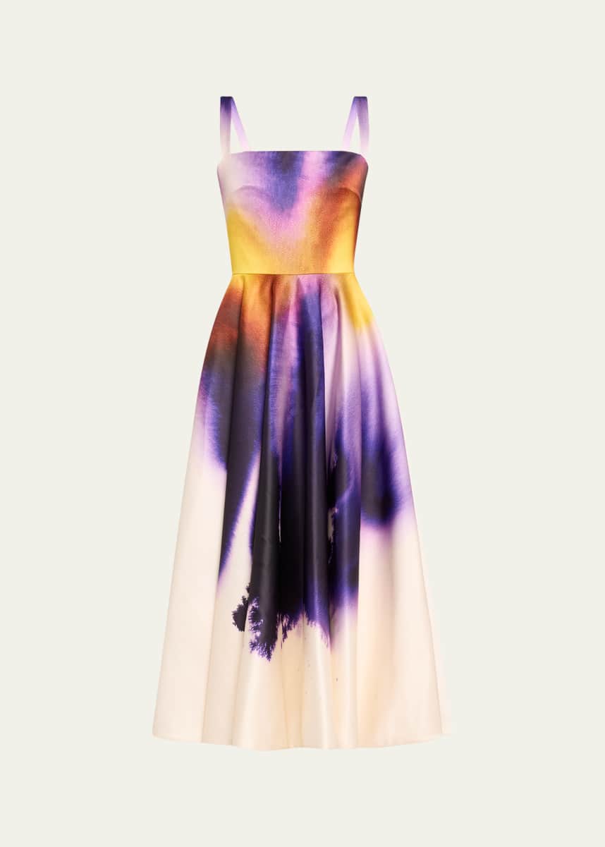 Oscar de la Renta Long Abstract Orchid Satin Fit-Flare Dress
