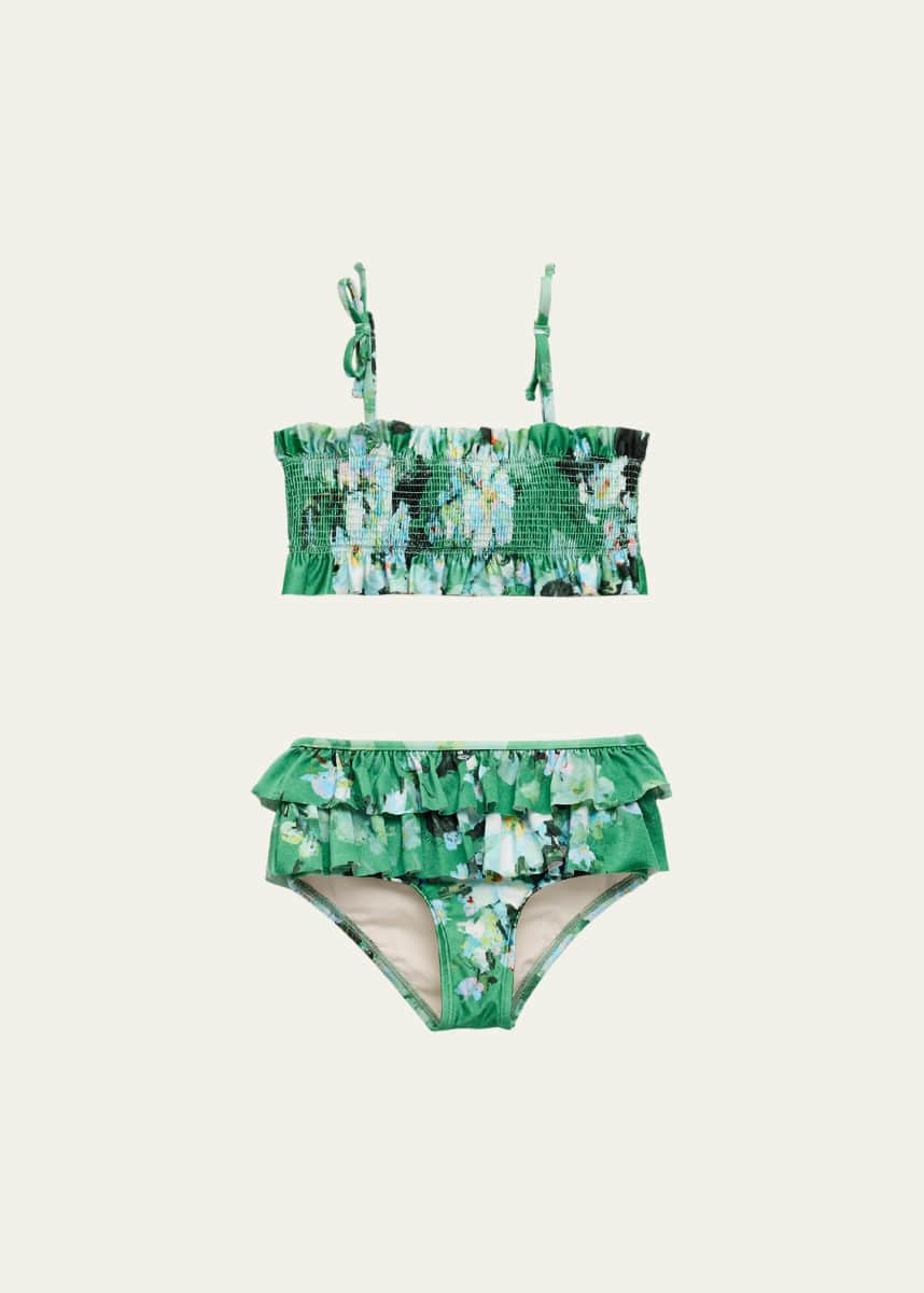 Zimmermann Girl's Everley Shirred Floral-Print Frill Bikini, Size 1-12