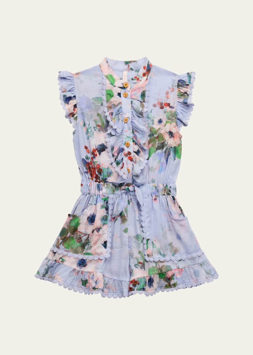 Zimmermann Girl's Everley Frill Floral-Print Playsuit, Size 1-12