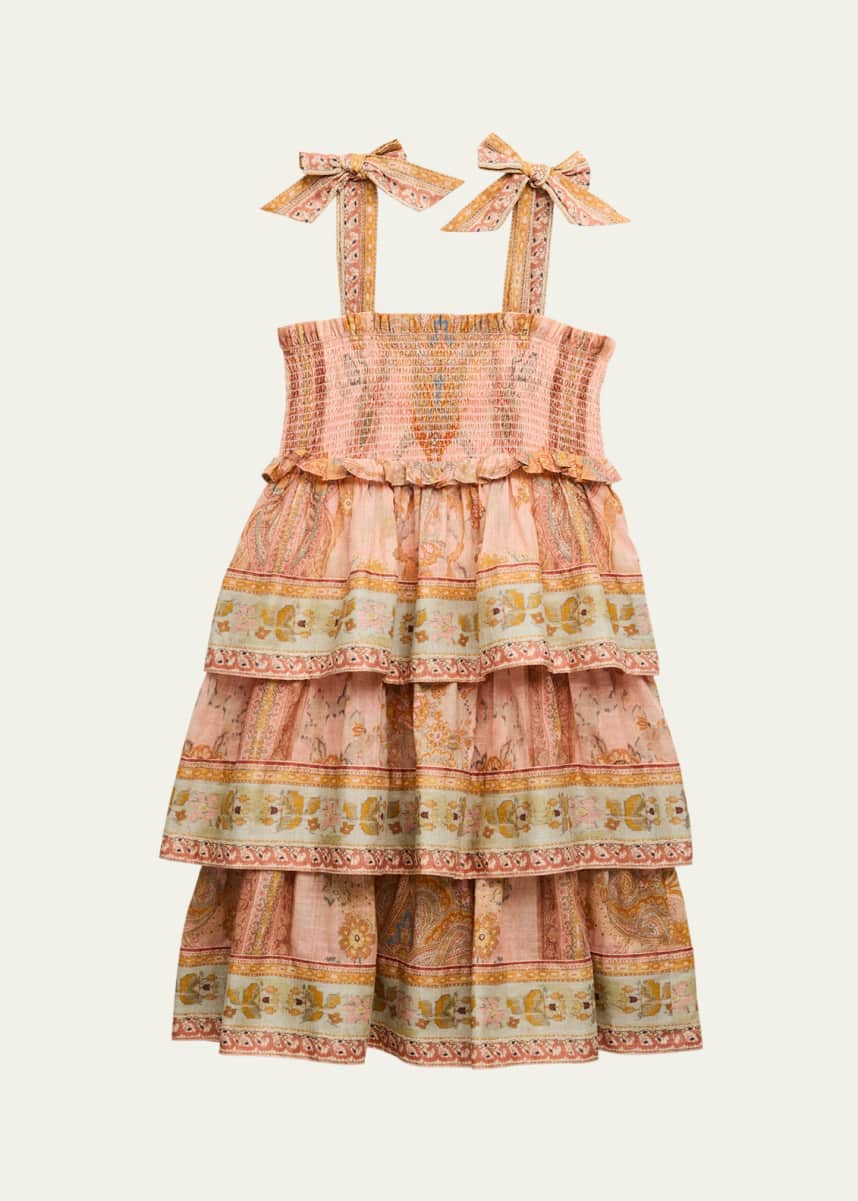 Zimmermann Girl's Wylie Floral & Paisley-Print Tiered Shirred Dress, Size 1-12