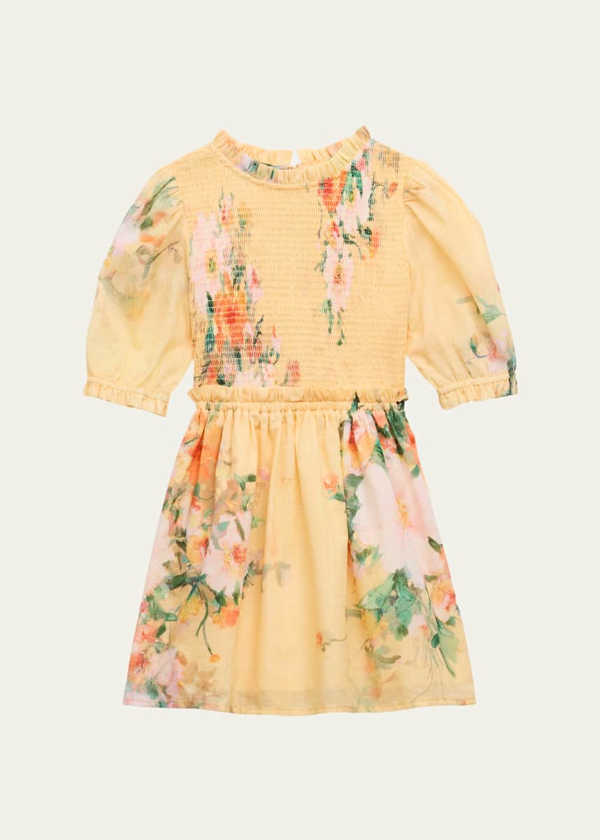 Zimmermann Girl's Everley Smocked Floral-Print Dress, Size 1-12