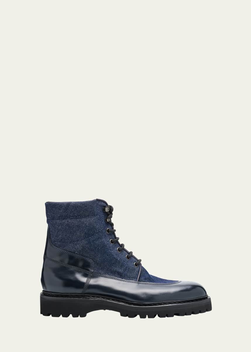 John Lobb Men's Peak Denim and Leather Lace-Up Boots