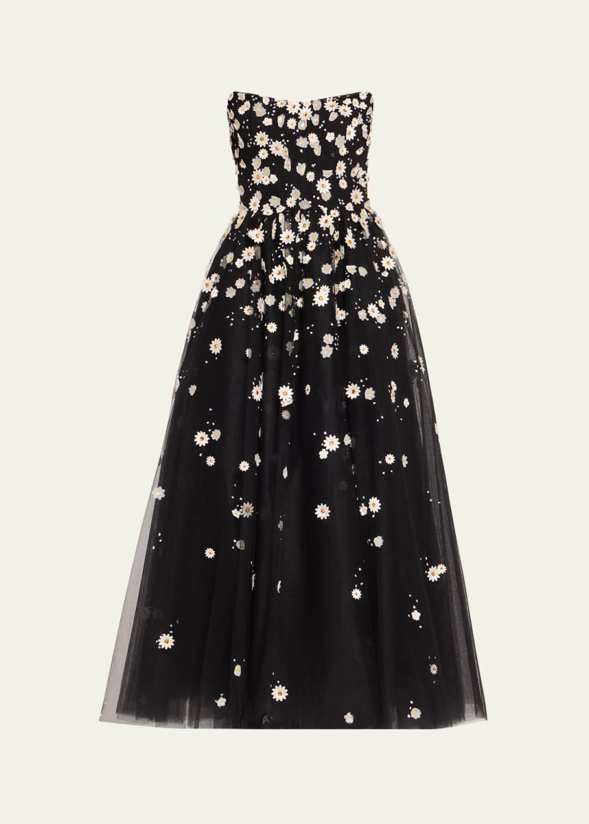 Monique Lhuillier Daisy Embroidered Strapless Tulle Cocktail Dress