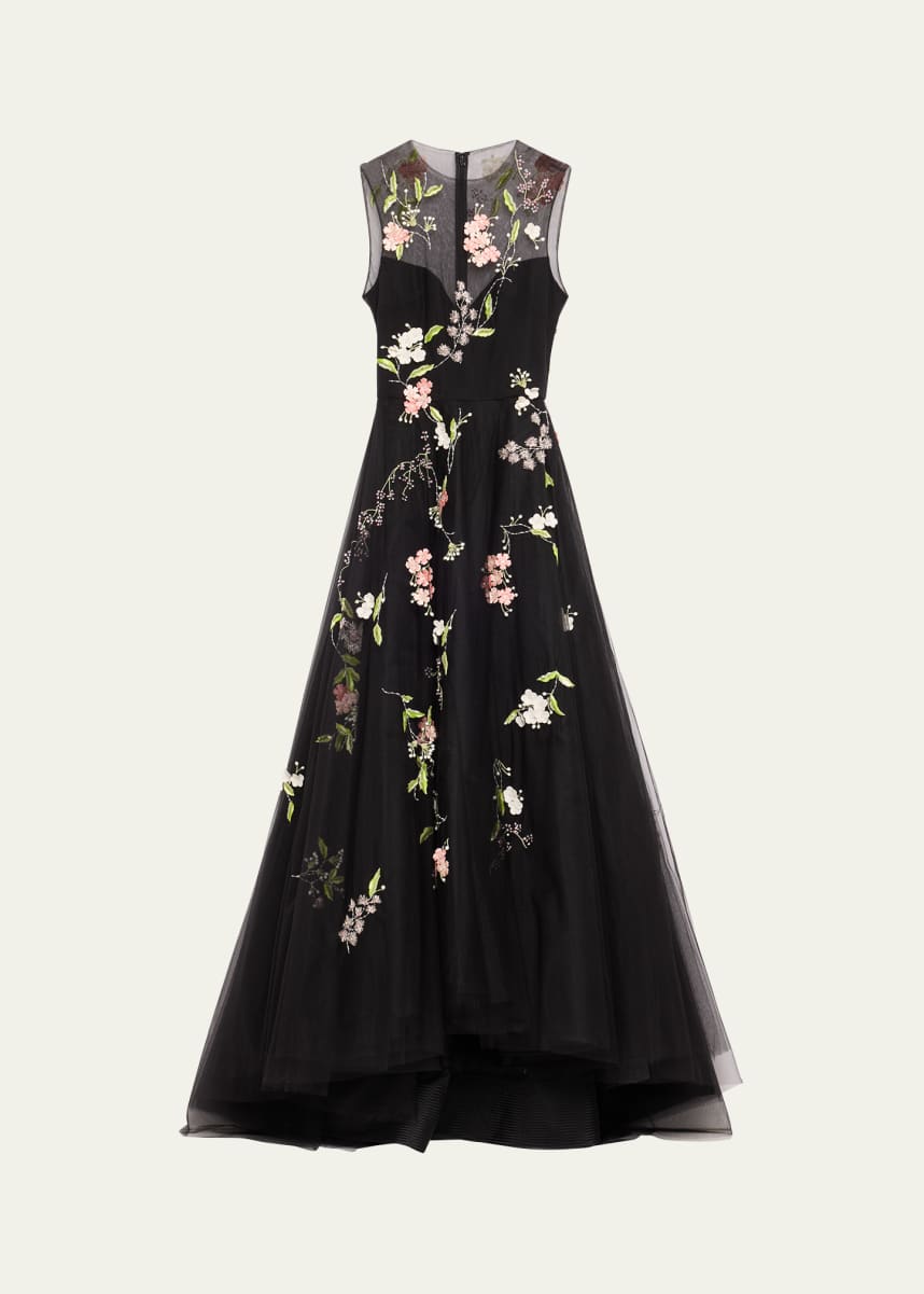 Monique Lhuillier Floral Embroidered Sleeveless Illusion Bodice Gown