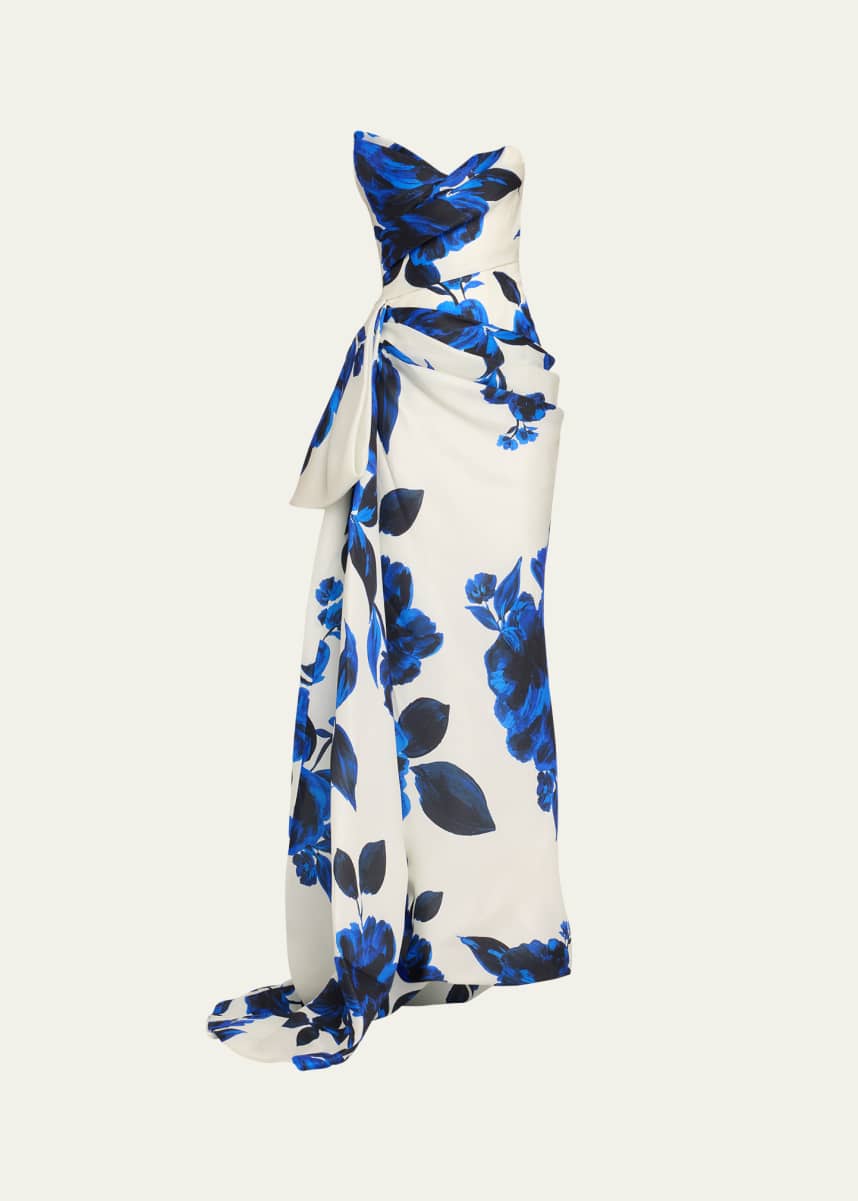 Monique Lhuillier Floral Print Asymmetric Draped Column Gown
