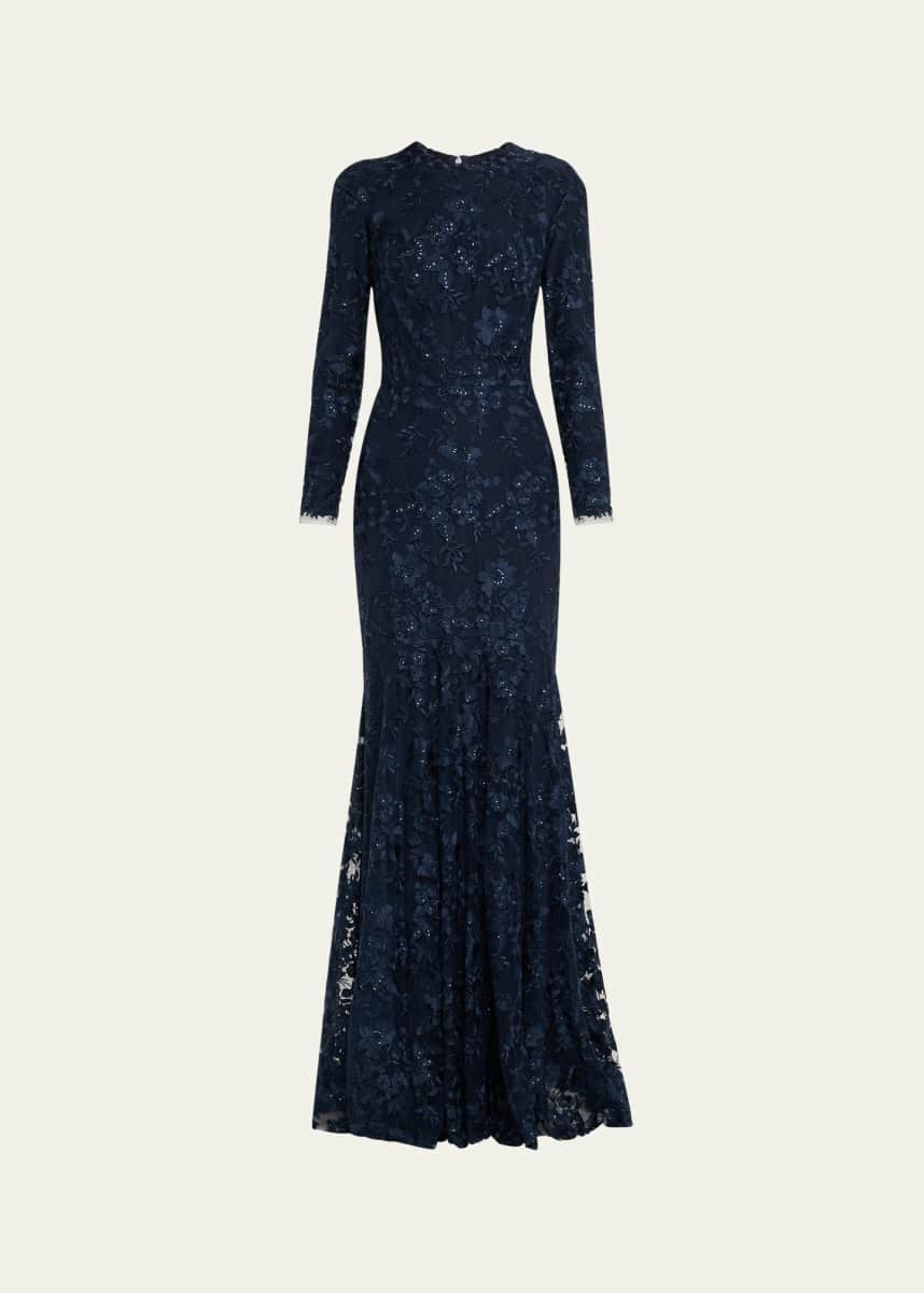 Monique Lhuillier Floral Embroidered Tulle Long Sleeve Gown
