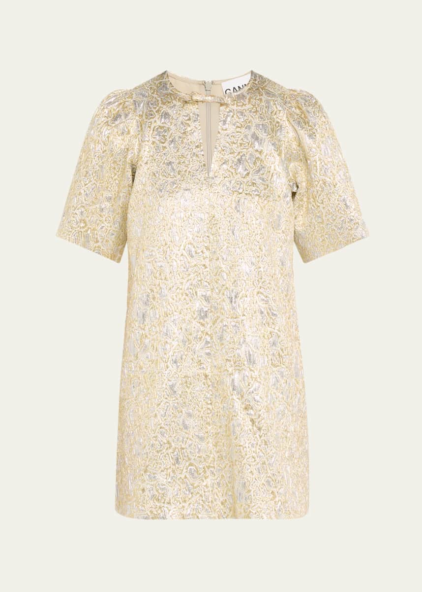 Ganni Metallic Cloque Short-Sleeve Mini Dress