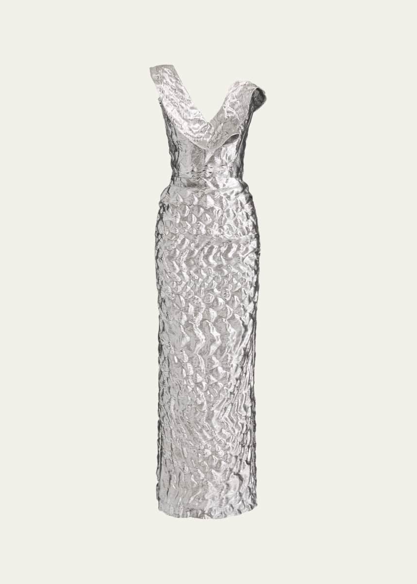 Maticevski Requiem Strapless Ruffle Metallic Midi Dress