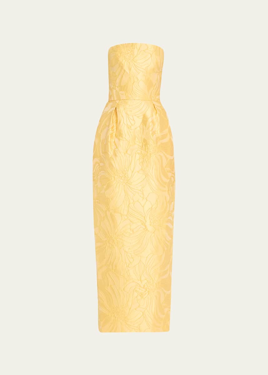 Monique Lhuillier Strapless Floral Jacquard Pleated Ankle Dress