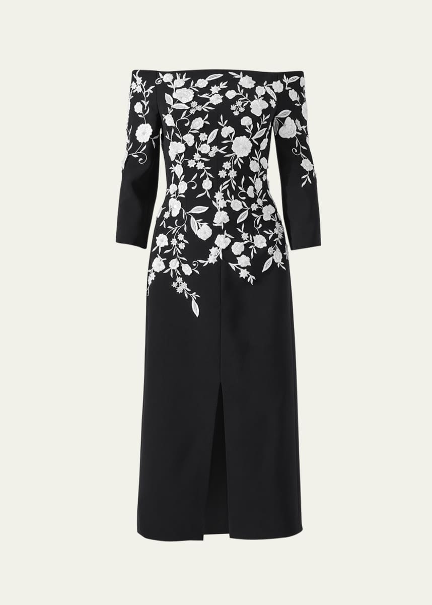 Carolina Herrera Floral Embroidered Off-Shoulder Midi Dress