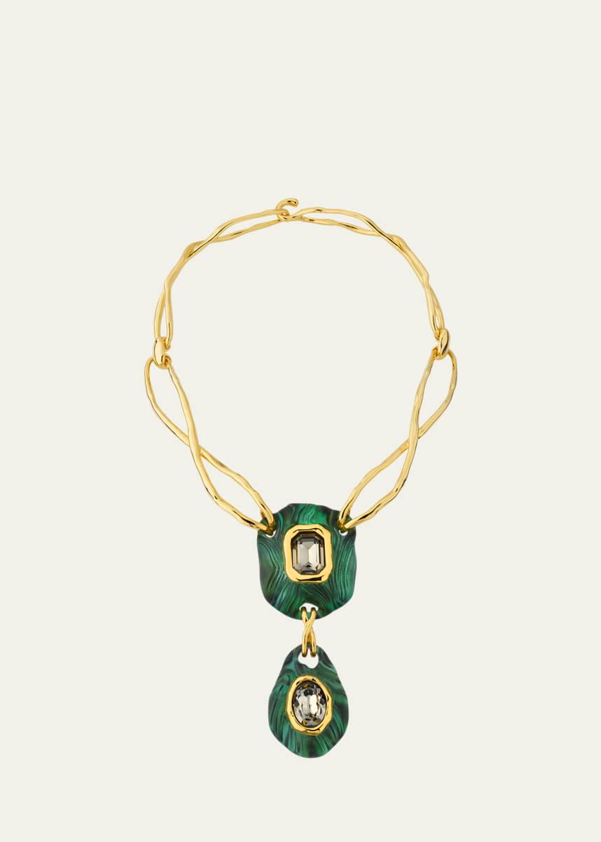 Alexis Bittar Madera Hand-Painted Lucite and Crystal Brass Drop Necklace