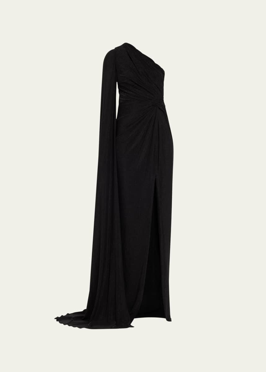 Pamella Roland Metallic Jersey Cape-Sleeve Gown