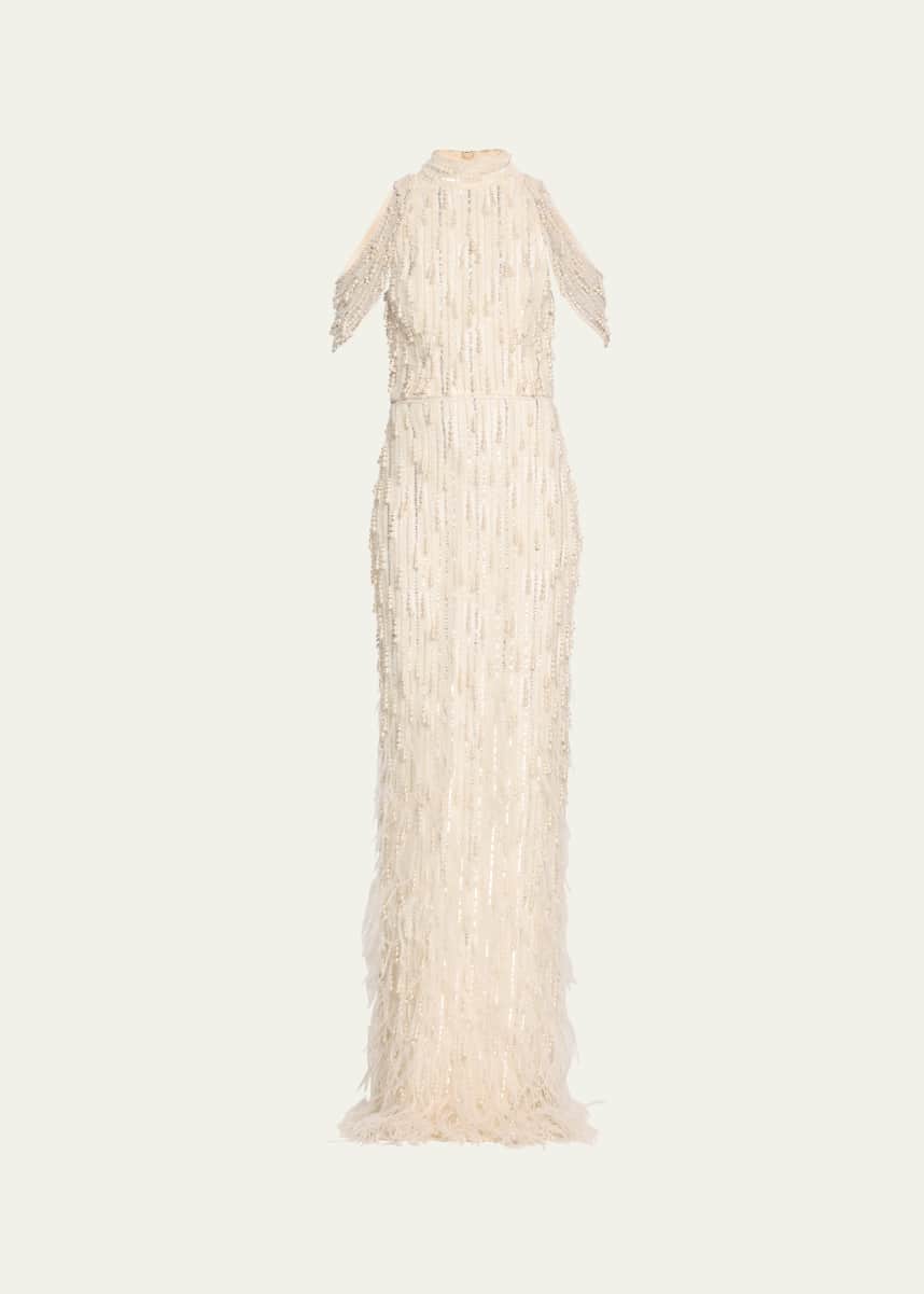 Pamella Roland Fringe Beaded Cold-Shoulder Tulle Gown
