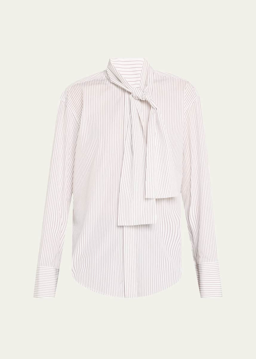 Plan C Stripe Scarf-Neck Button Down Blouse