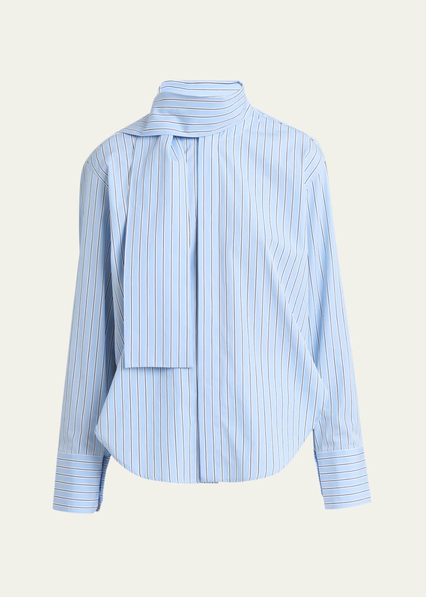 Plan C Stripe Scarf-Neck Button Down Blouse