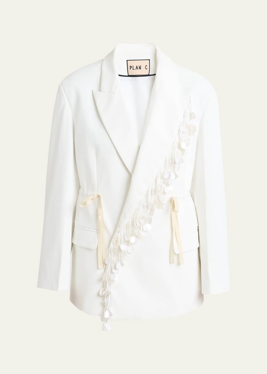 Plan C Sequin-Fringe Drawstring Double-Breasted Blazer Jacket