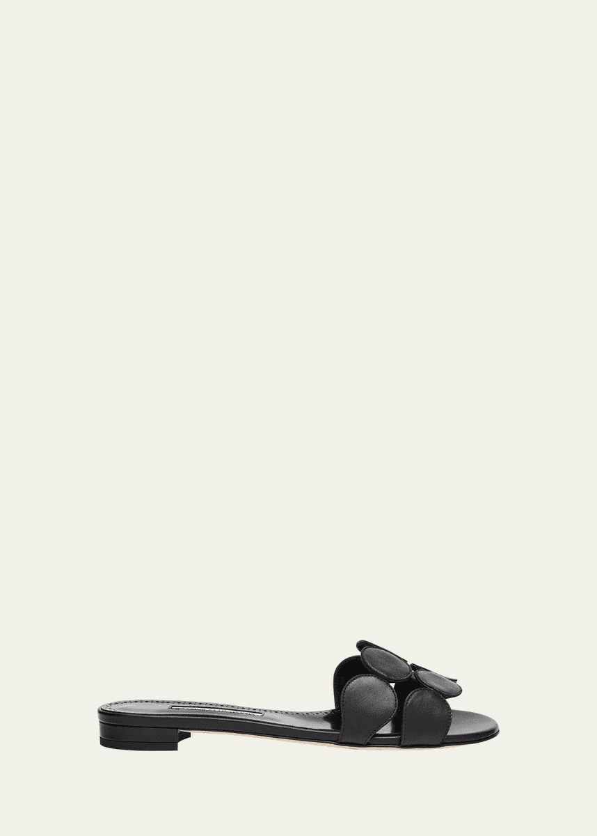 Manolo Blahnik Circle-Cut Leather Flat Slide Sandals