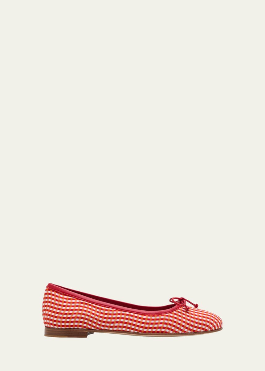 Manolo Blahnik Veralli Check Cotton Bow Ballerina Flats