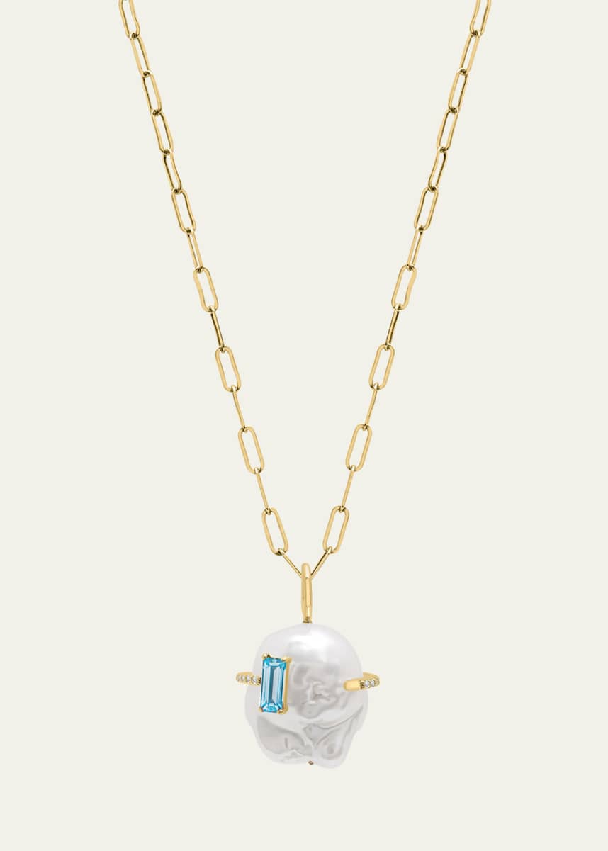 Paige Novick Gum Drop Baroque Pearl Necklace with Aquamarine Baguette Stone and Diamonds
