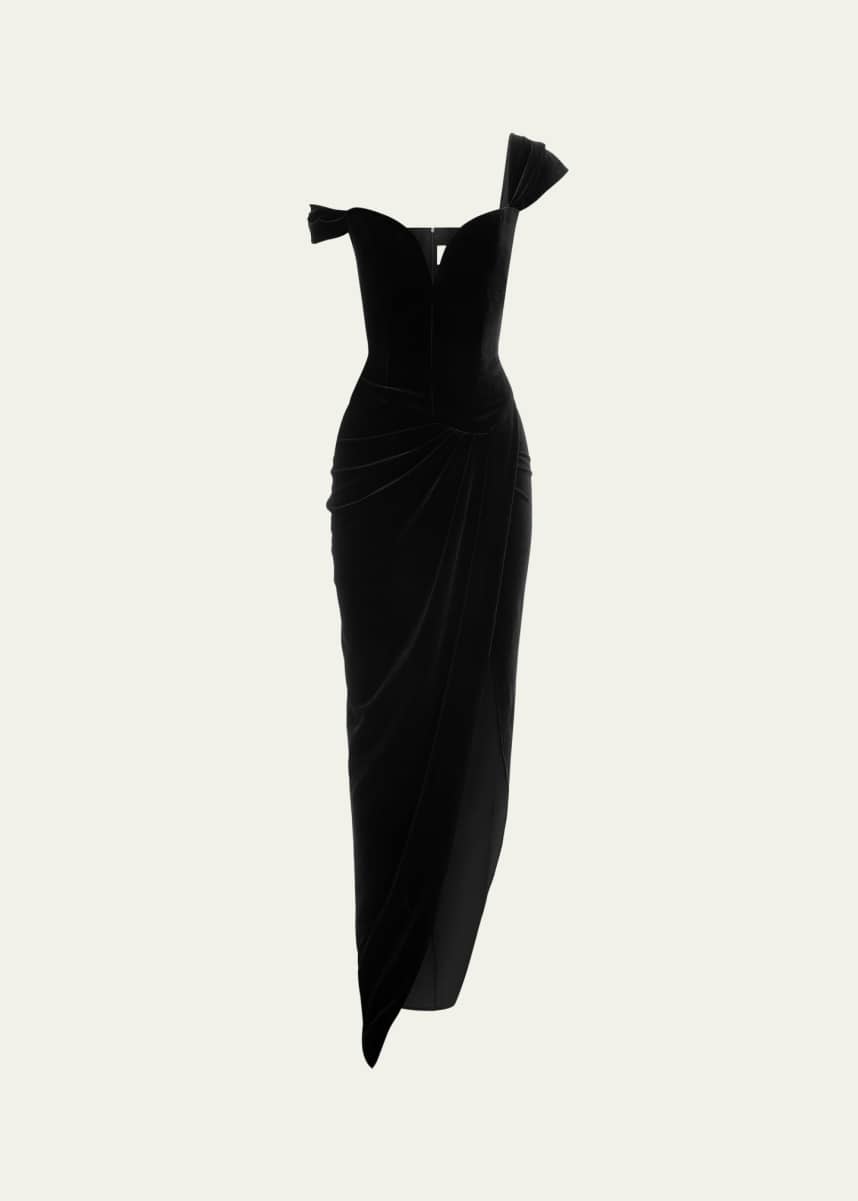 Alex Perry Velvet Off-Shoulder Corset Drape Front Gown