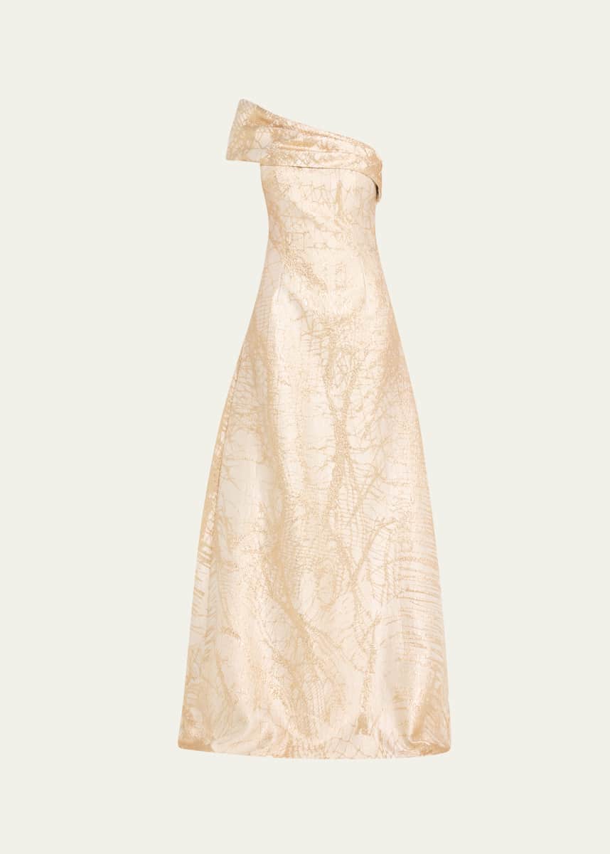 Rickie Freeman for Teri Jon One-Shoulder Metallic Jacquard Gown