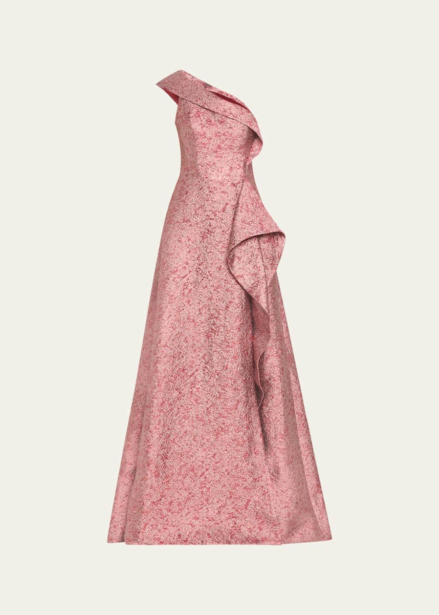 Rickie Freeman for Teri Jon One-Shoulder Metallic Jacquard Gown