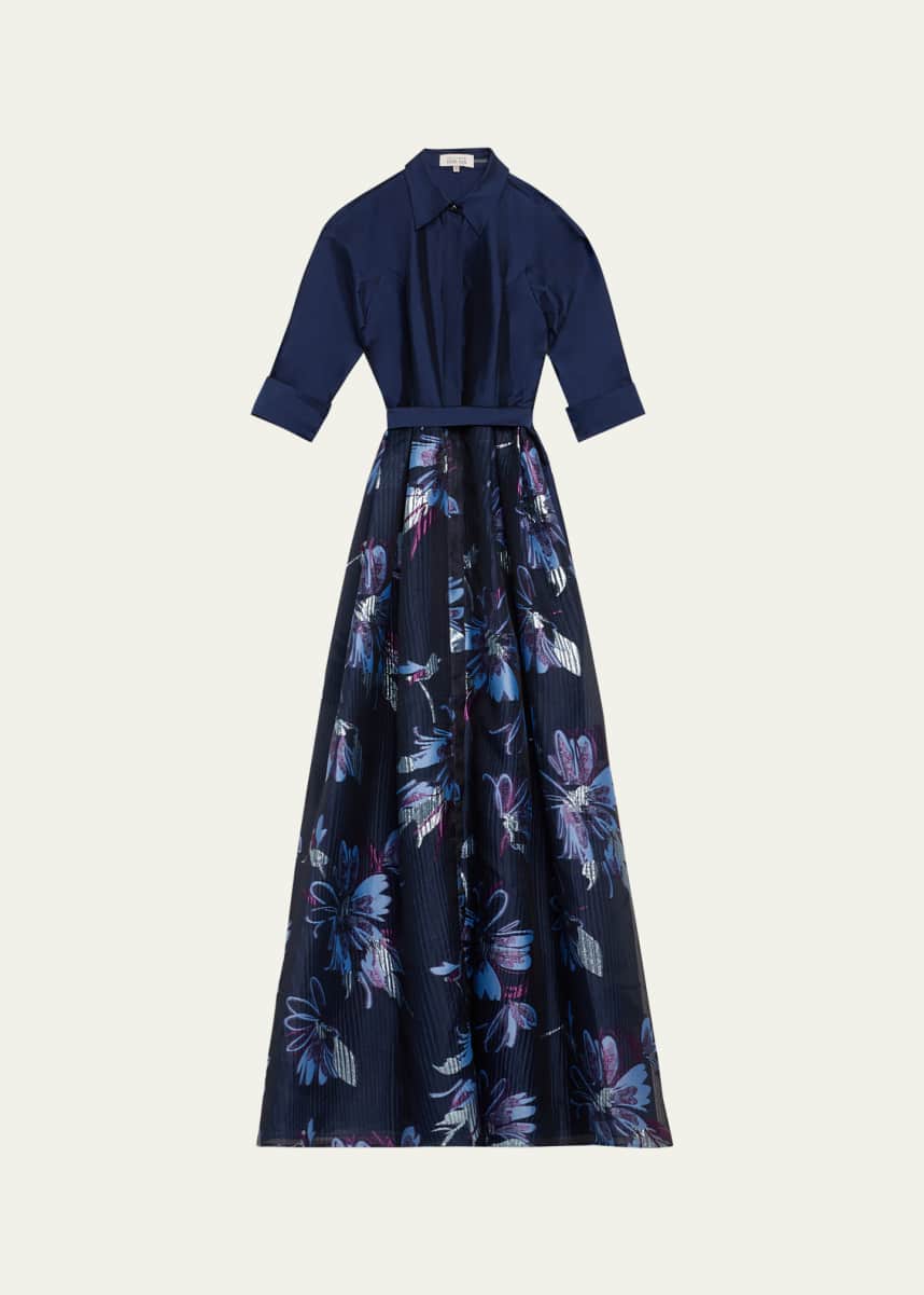 Rickie Freeman for Teri Jon Taffeta & Floral Jacquard Organza Shirt Gown