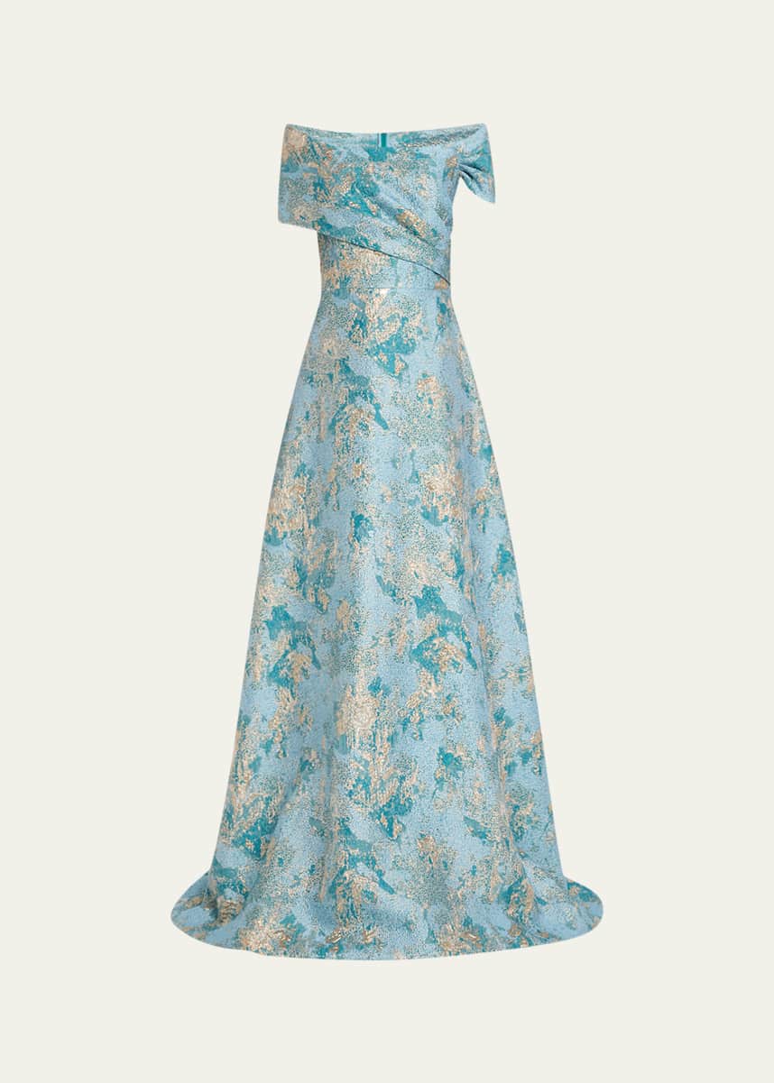 Rickie Freeman for Teri Jon Off-Shoulder Metallic Jacquard Gown