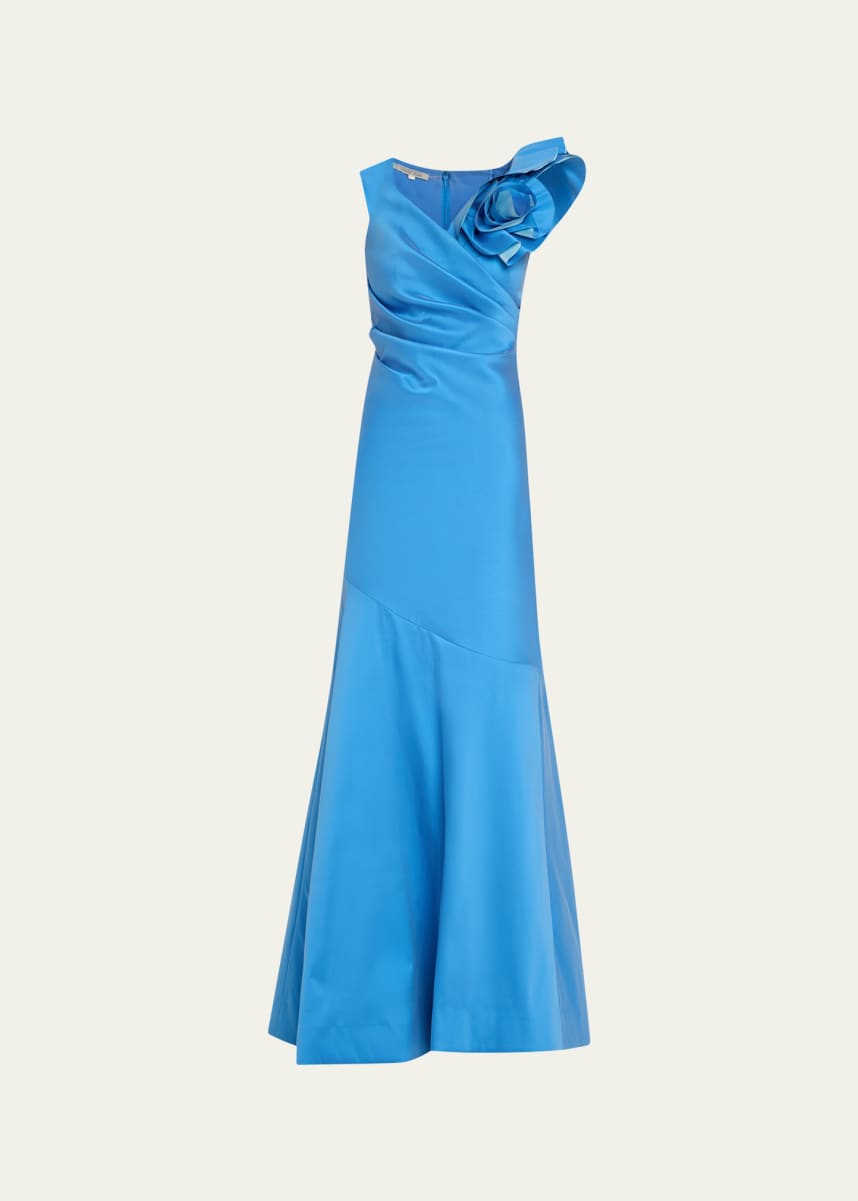 Rickie Freeman for Teri Jon Ruched Flower Applique Gazar Trumpet Gown