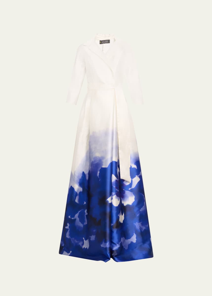 Rickie Freeman for Teri Jon Border-Print Mikado Shirt Gown