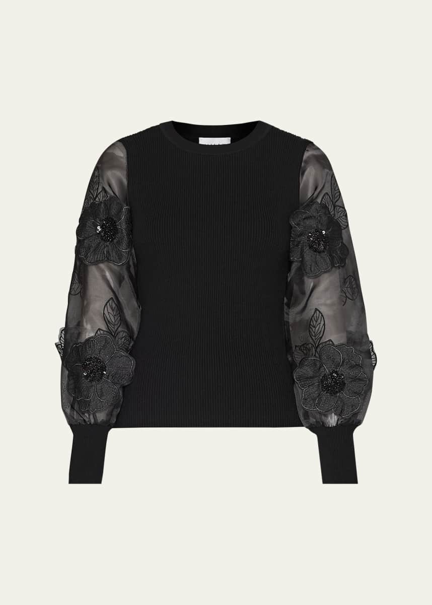Milly Koda Embroidered Sheer-Sleeve Ribbed Pullover