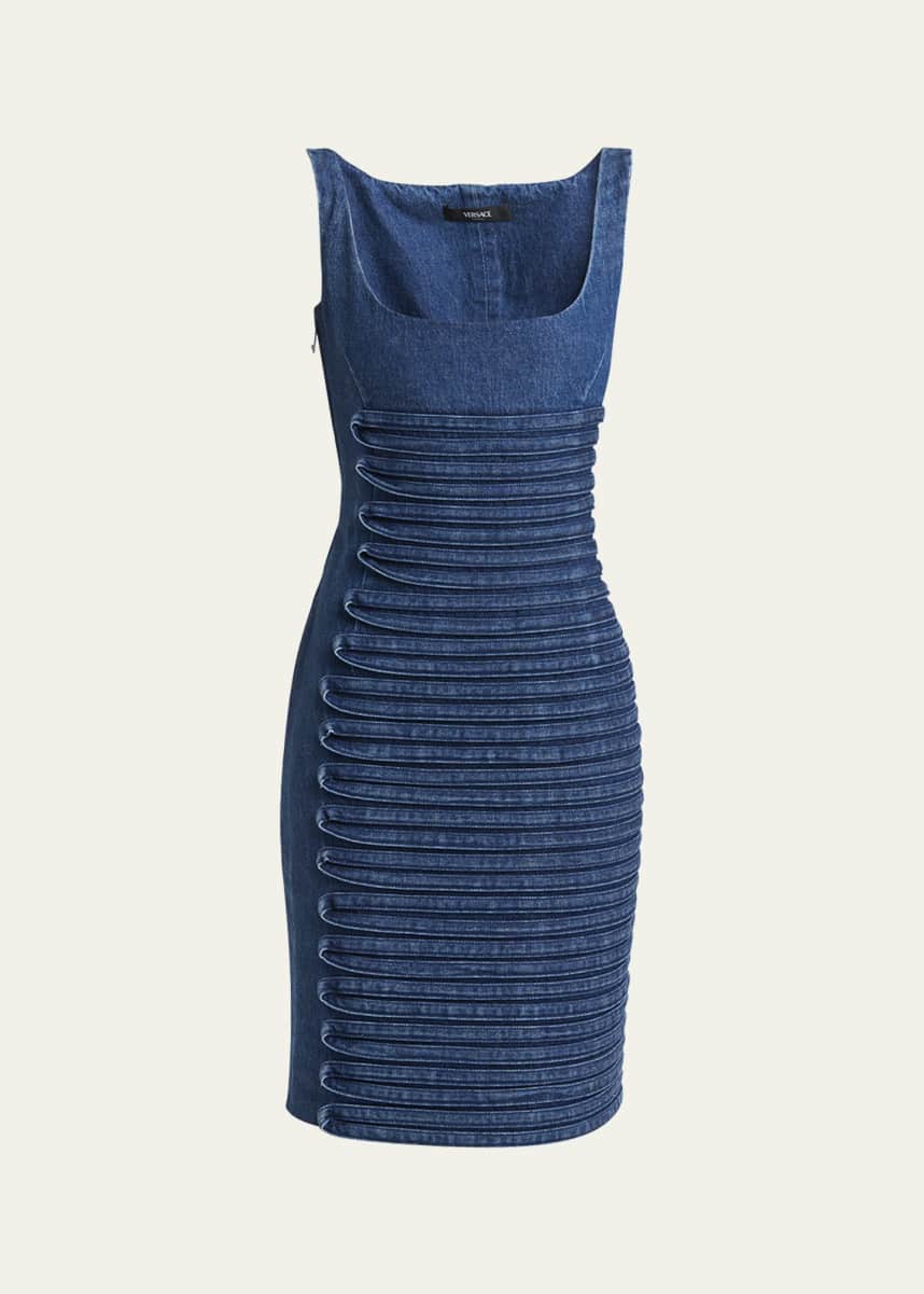 Versace Stripe Embroidered Sleeveless Denim Dress