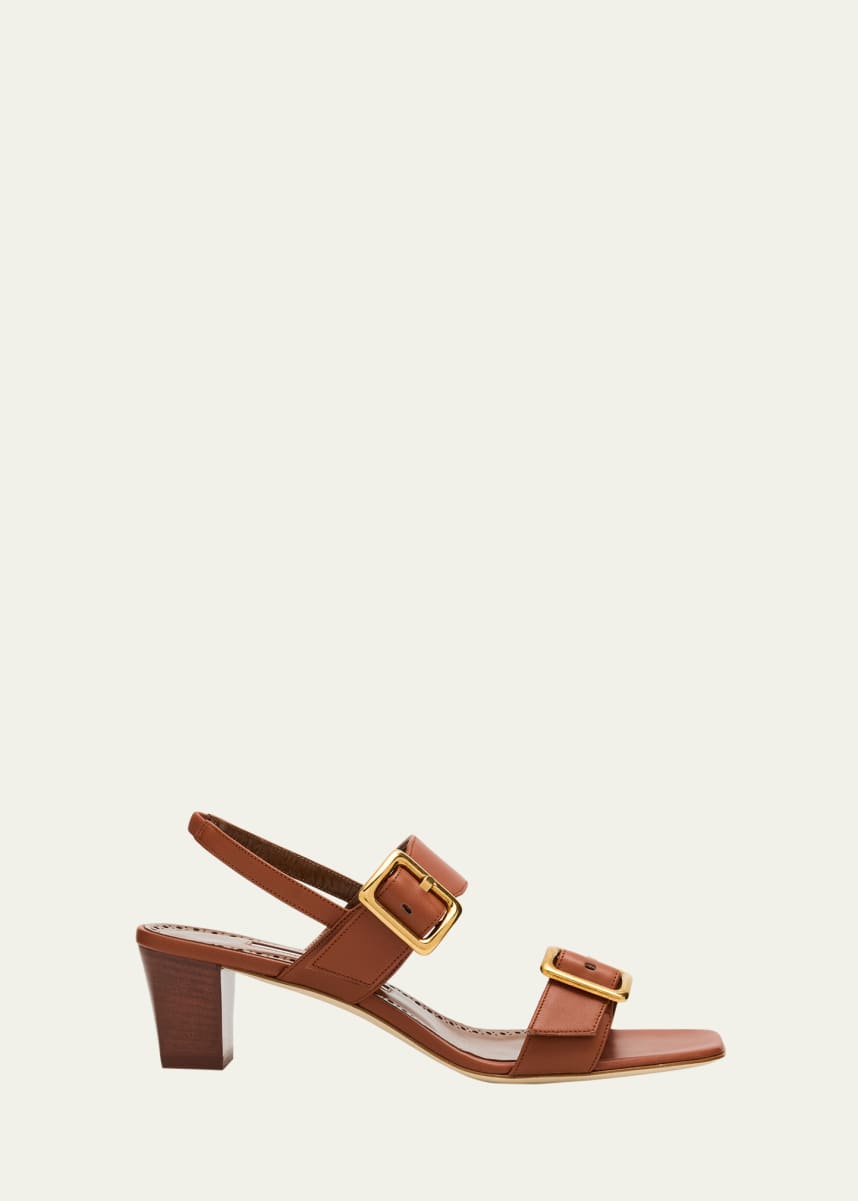 Manolo Blahnik Leather Dual-Buckle Slingback Sandals