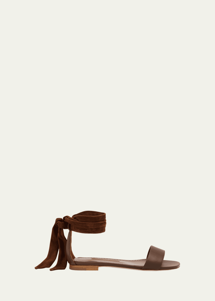 Manolo Blahnik Chastana Leather Ankle-Tie Flat Sandals