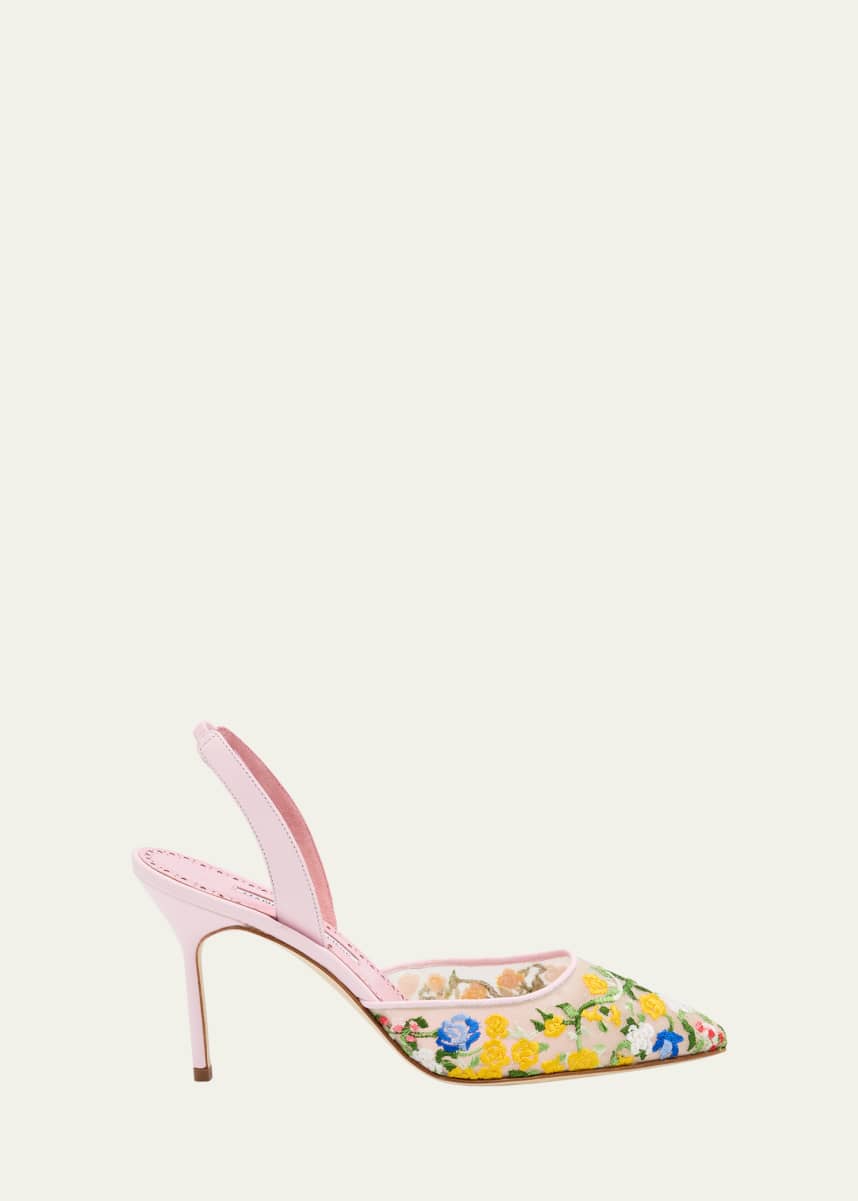 Manolo Blahnik Floral Embroidered Mesh Slingback Pumps