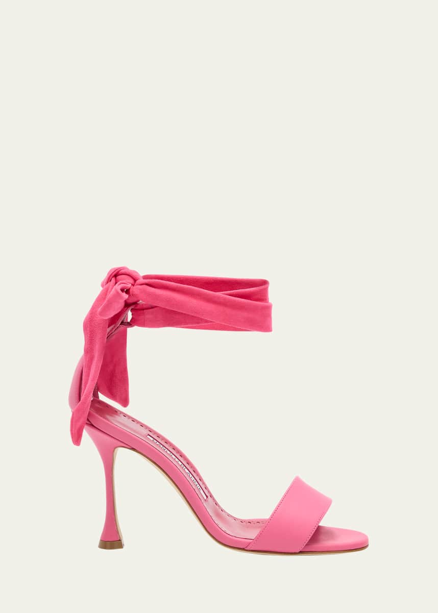 Manolo Blahnik Chastana Mixed Leather Ankle-Tie Sandals