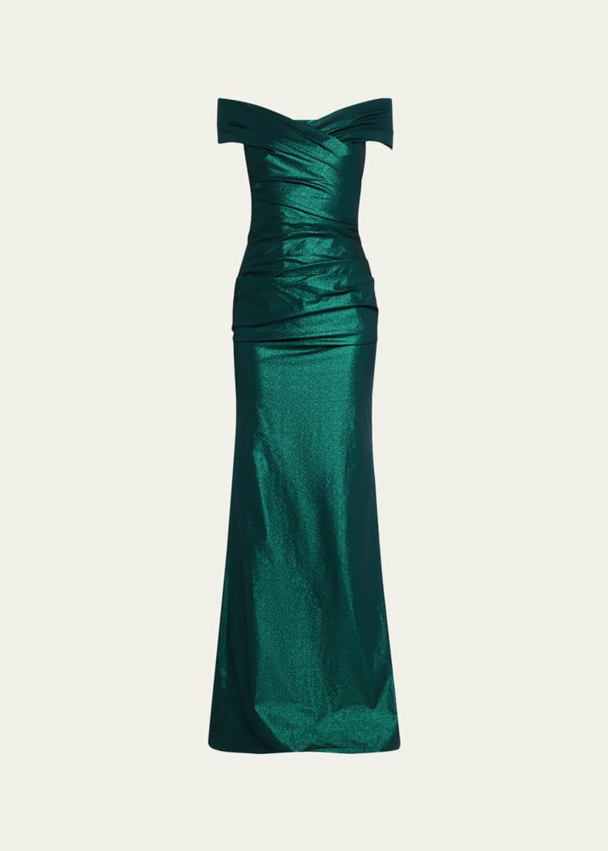 Rickie Freeman for Teri Jon Off-Shoulder Stretch Metallic Gown