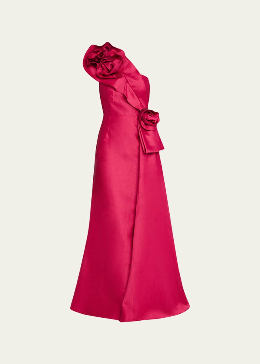 Rickie Freeman for Teri Jon One-Shoulder Flower Jacquard Gown