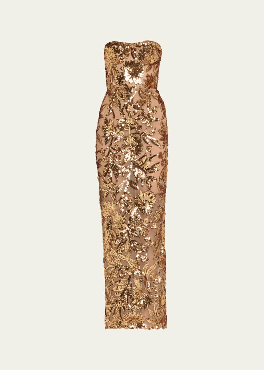 Bronx and Banco Dahlia Strapless Floral Sequin Column Gown