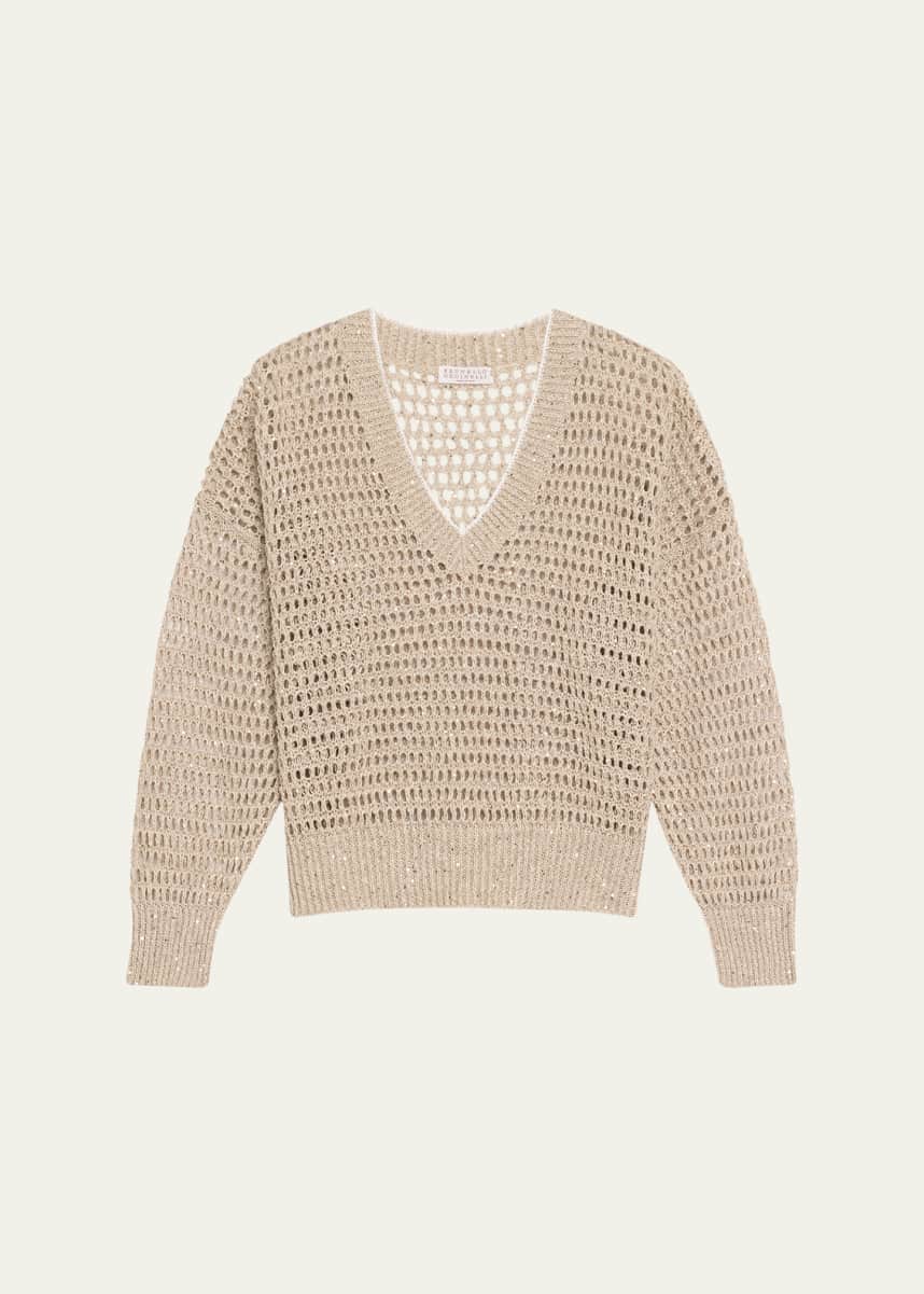 Brunello Cucinelli Paillette Open Knit V-Neck Sweater