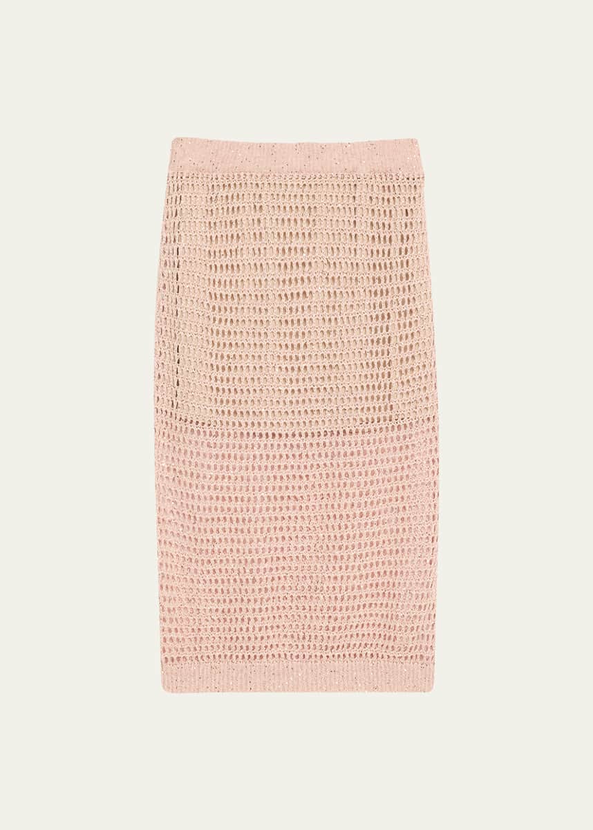 Brunello Cucinelli Linen Paillette Open-Knit Midi Skirt
