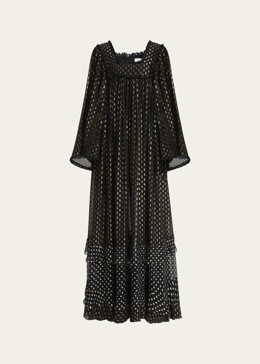 Chloe Metallic Polka-Dot Long-Sleeve Maxi Dress