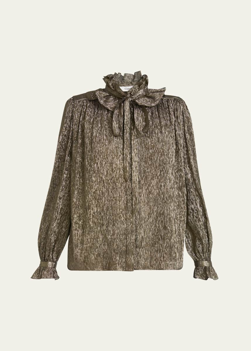 Chloe Metallic Silk Ruffle Neck-Tie Top