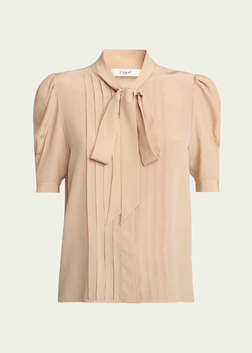Chloe Neck-Tie Pleated Puff-Sleeve Silk Top