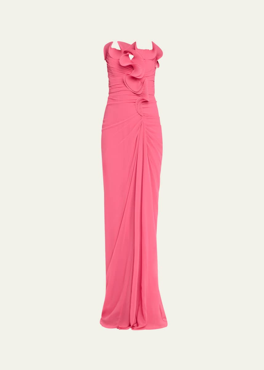 Badgley Mischka Strapless Ruched Ruffle Gown