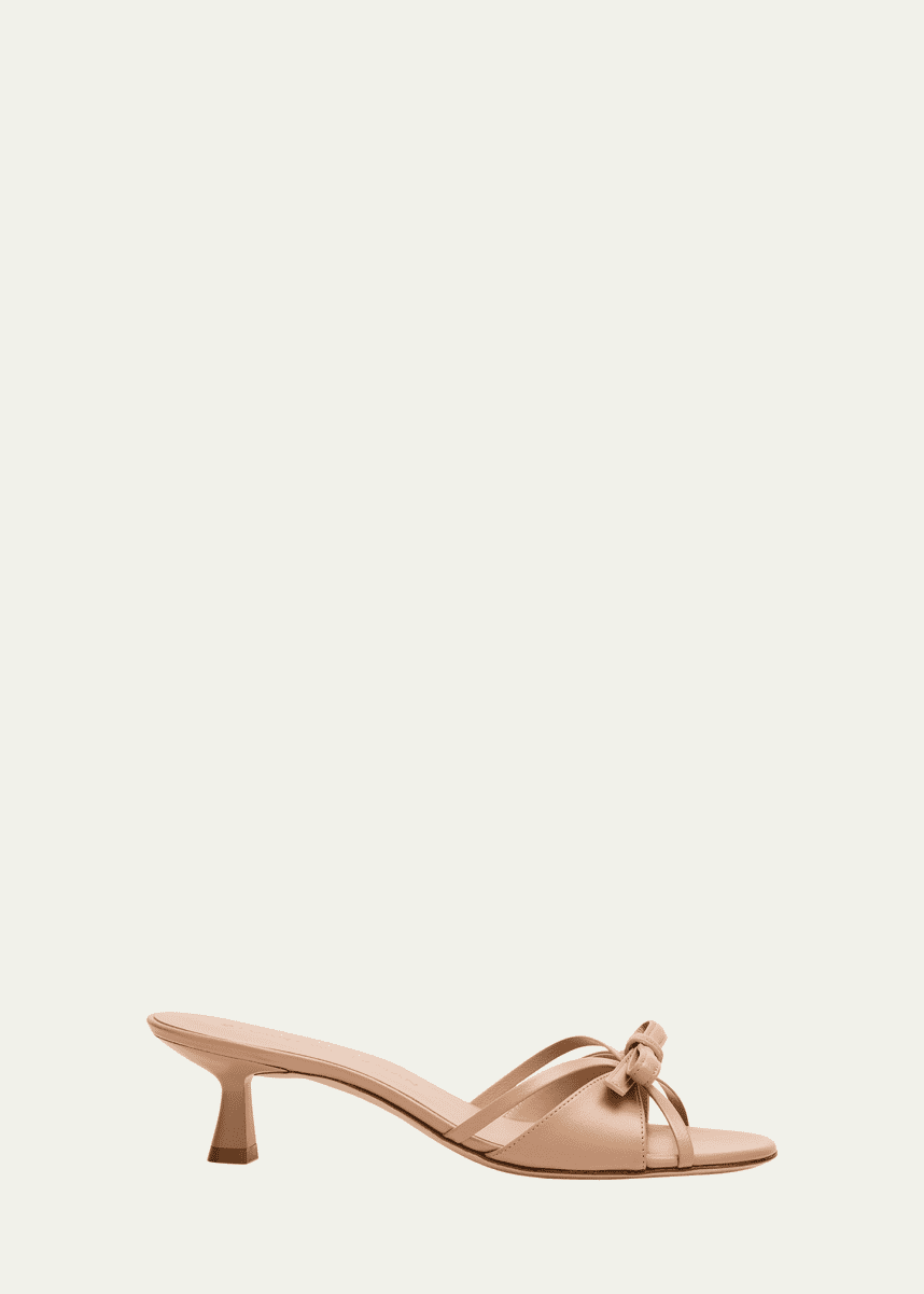 Stuart Weitzman Felicity Leather Bow Kitten-Heel Mules